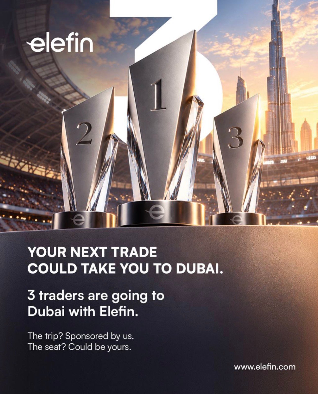 ELEFIN Dubai giveaway: three silver trophies against the Dubai skyline